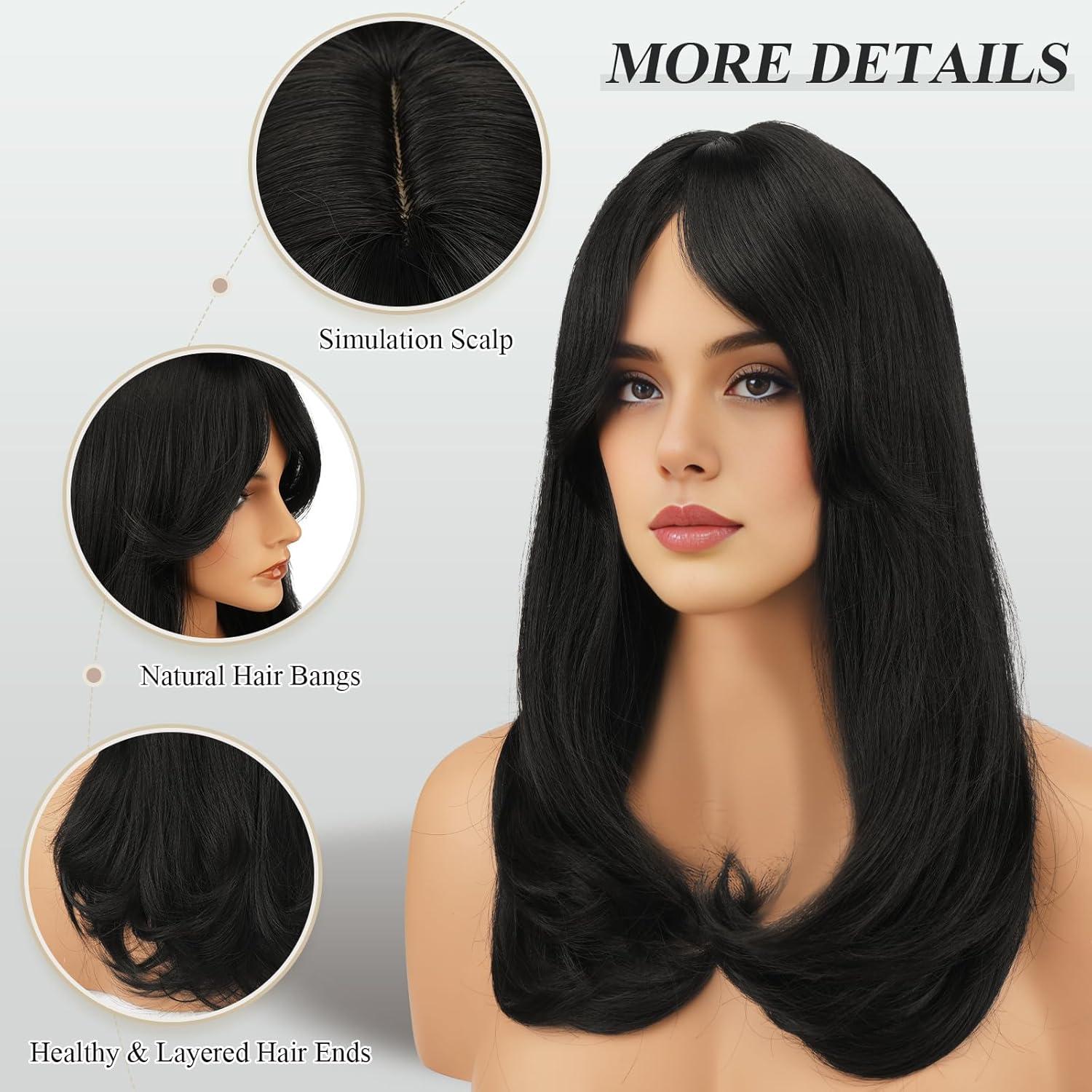 imageFESHFEN Lace Front Hairline Wigs with Bangs Synthetic Natural Looking Long Layered Straight Hair Wig for Women Daily Party Costume 18 inch Ombre Mixed BlondeNatural Black