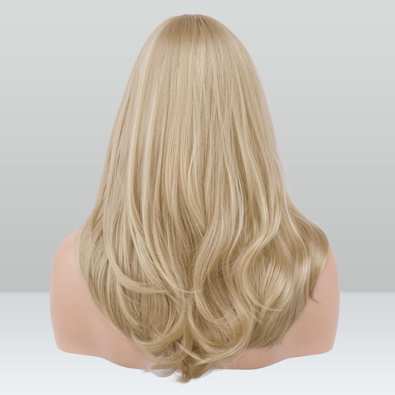 imageFESHFEN Lace Front Hairline Wigs with Bangs Synthetic Natural Looking Long Layered Straight Hair Wig for Women Daily Party Costume 18 inch Ombre Mixed BlondeDirty Blonde