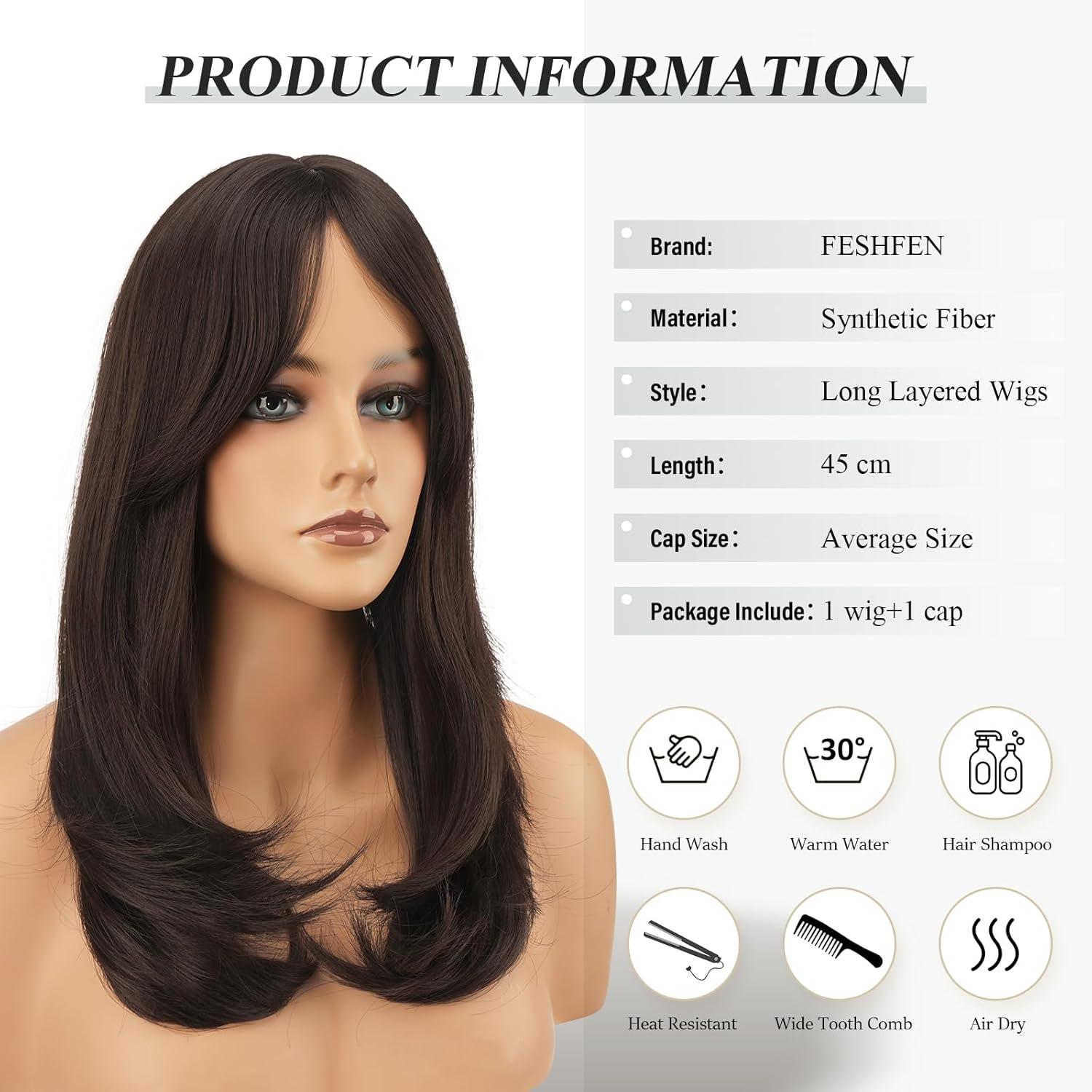 imageFESHFEN Lace Front Hairline Wigs with Bangs Synthetic Natural Looking Long Layered Straight Hair Wig for Women Daily Party Costume 18 inch Ombre Mixed BlondeBrown