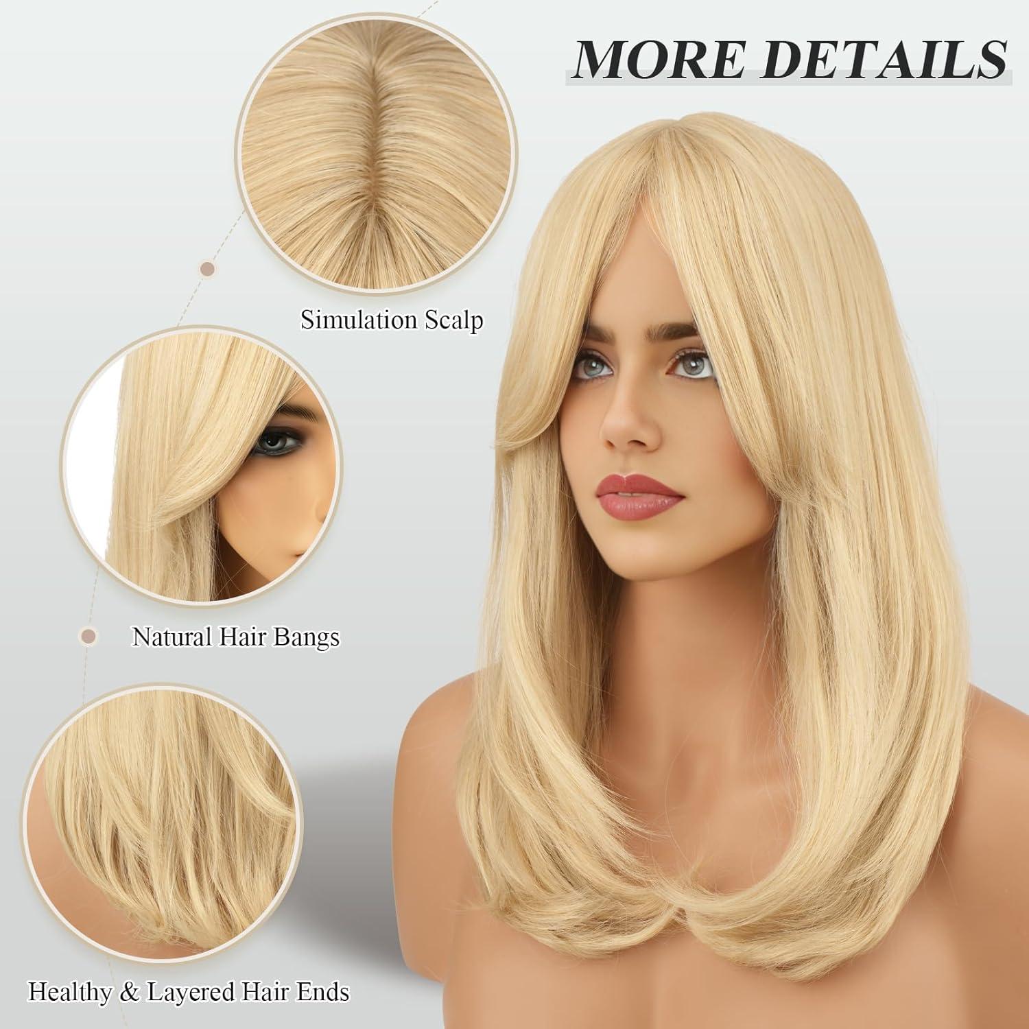 imageFESHFEN Lace Front Hairline Wigs with Bangs Synthetic Natural Looking Long Layered Straight Hair Wig for Women Daily Party Costume 18 inch Ombre Mixed BlondeLight Blonde
