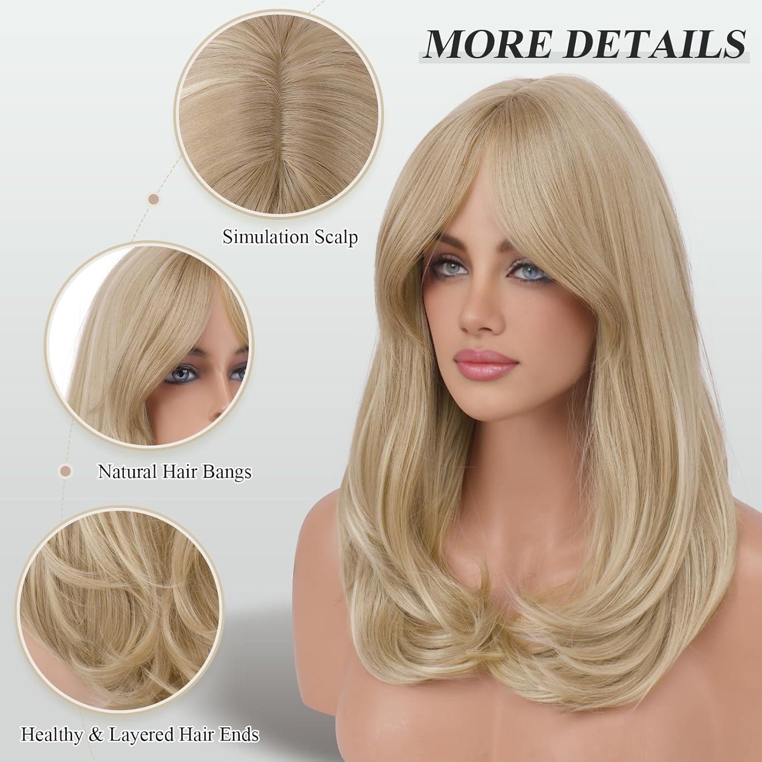imageFESHFEN Lace Front Hairline Wigs with Bangs Synthetic Natural Looking Long Layered Straight Hair Wig for Women Daily Party Costume 18 inch Ombre Mixed BlondeDirty Blonde
