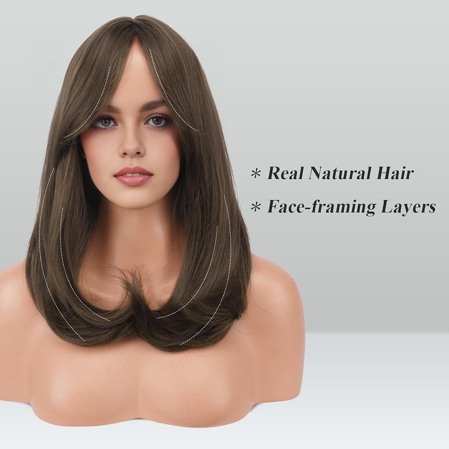 imageFESHFEN Lace Front Hairline Wigs with Bangs Synthetic Natural Looking Long Layered Straight Hair Wig for Women Daily Party Costume 18 inch Ombre Mixed BlondeMedium Brown