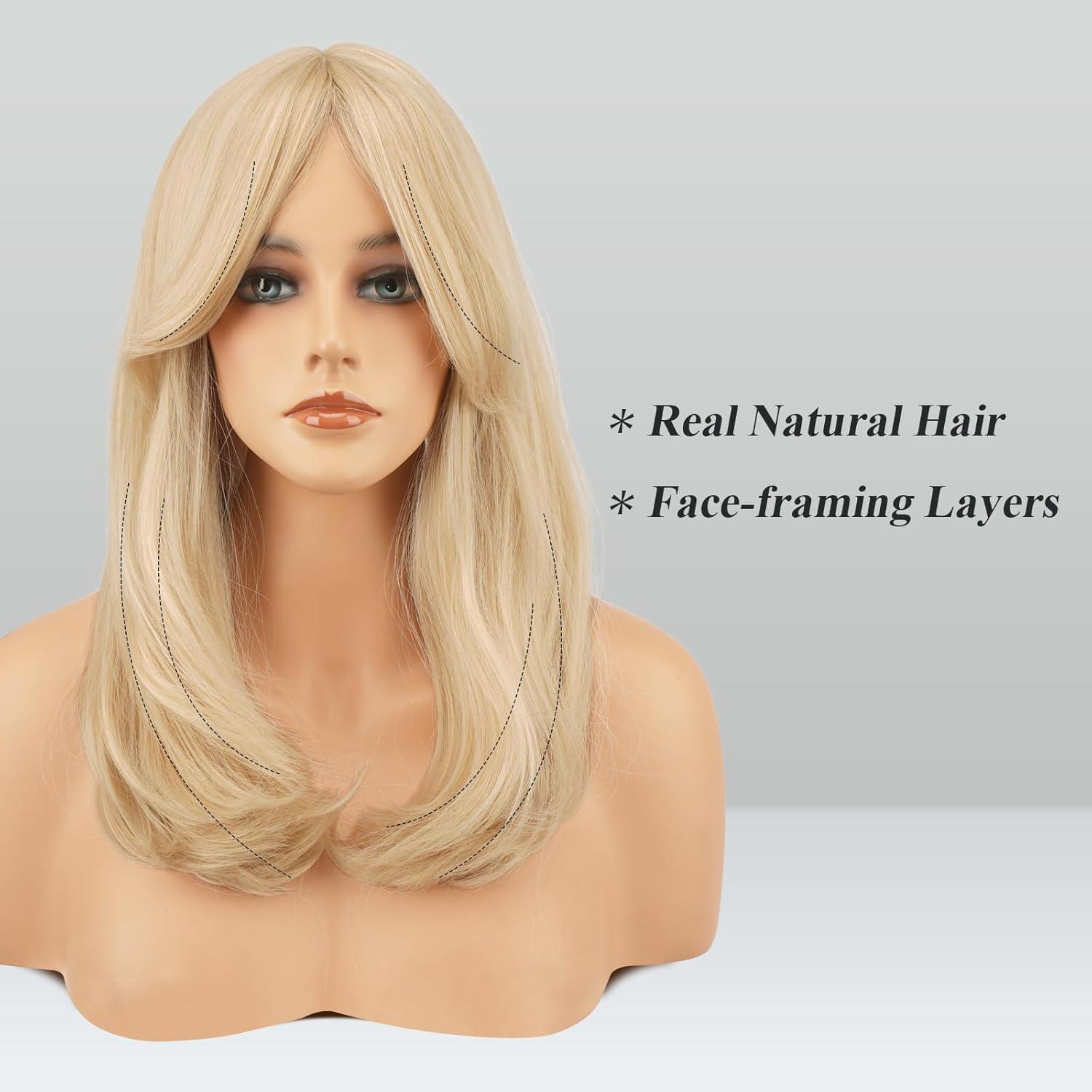 imageFESHFEN Lace Front Hairline Wigs with Bangs Synthetic Natural Looking Long Layered Straight Hair Wig for Women Daily Party Costume 18 inch Ombre Mixed BlondeLight Blonde