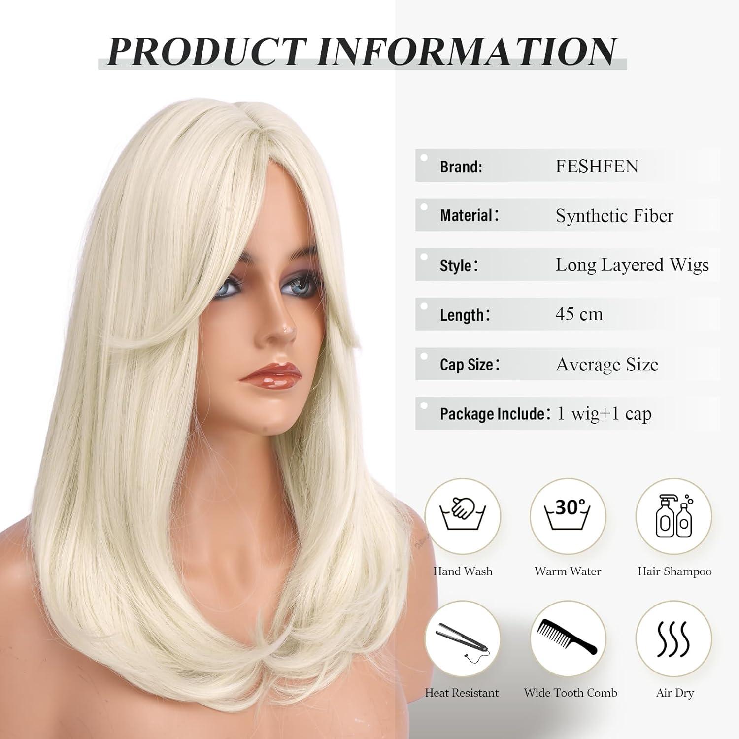 imageFESHFEN Lace Front Hairline Wigs with Bangs Synthetic Natural Looking Long Layered Straight Hair Wig for Women Daily Party Costume 18 inch Ombre Mixed BlondePlatina White