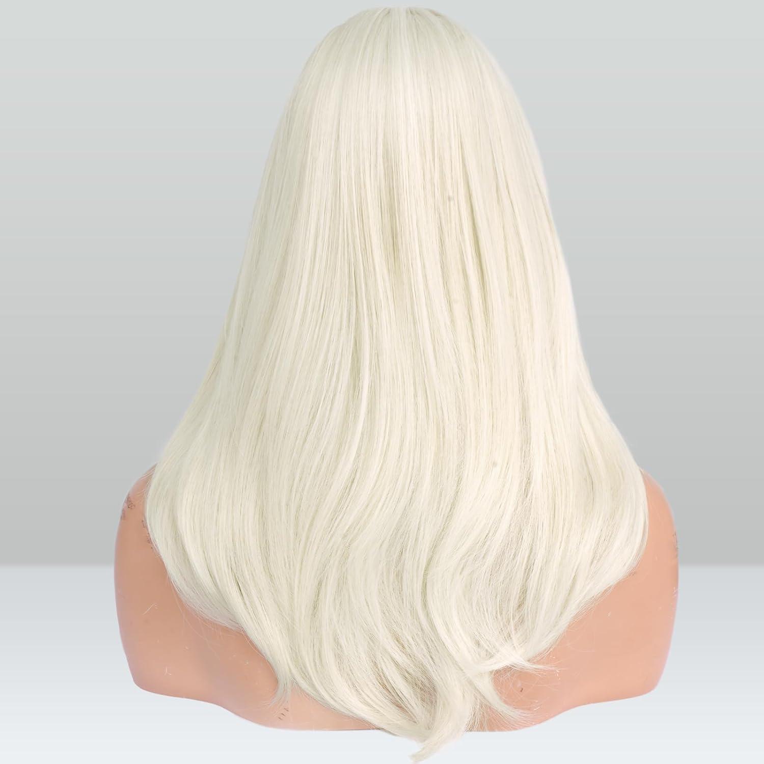 imageFESHFEN Lace Front Hairline Wigs with Bangs Synthetic Natural Looking Long Layered Straight Hair Wig for Women Daily Party Costume 18 inch Ombre Mixed BlondePlatina White