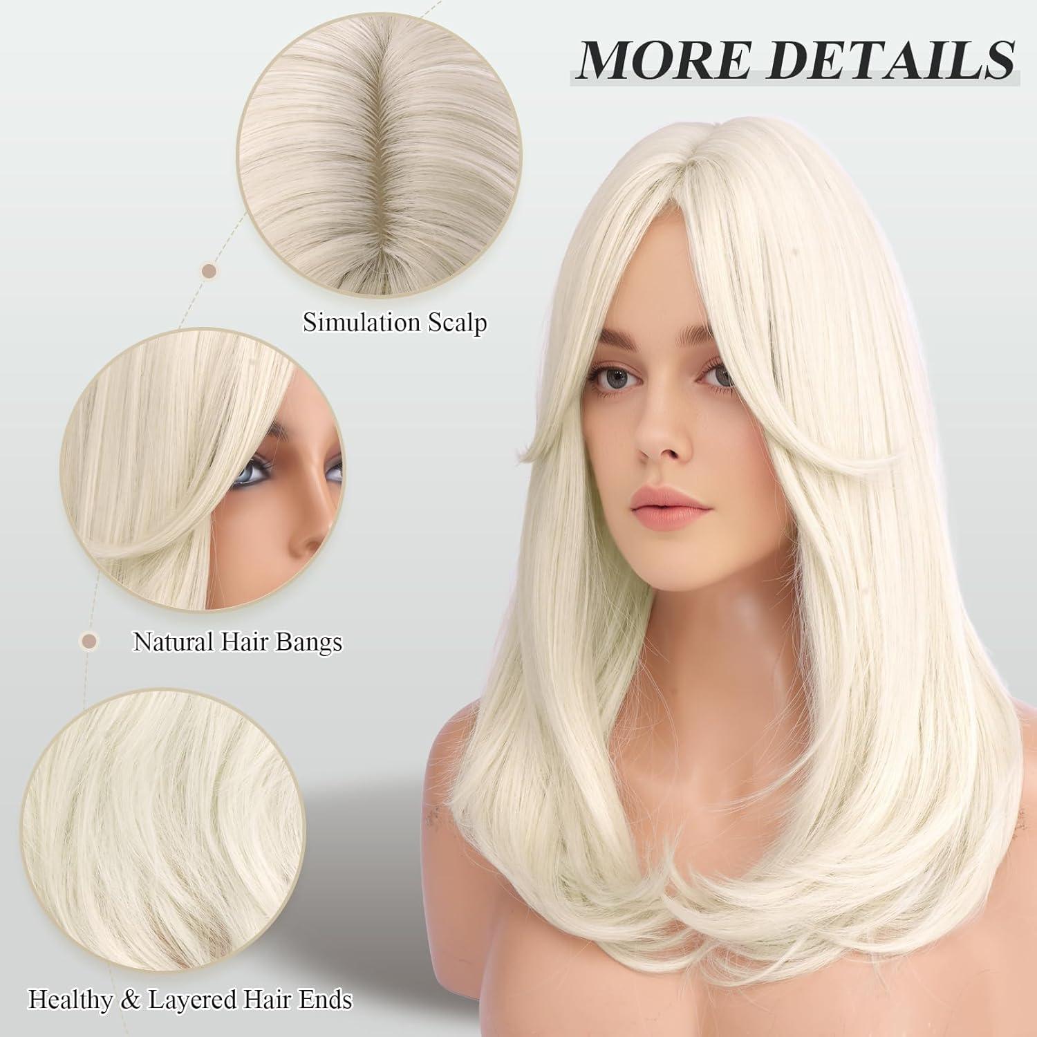 imageFESHFEN Lace Front Hairline Wigs with Bangs Synthetic Natural Looking Long Layered Straight Hair Wig for Women Daily Party Costume 18 inch Ombre Mixed BlondePlatina White