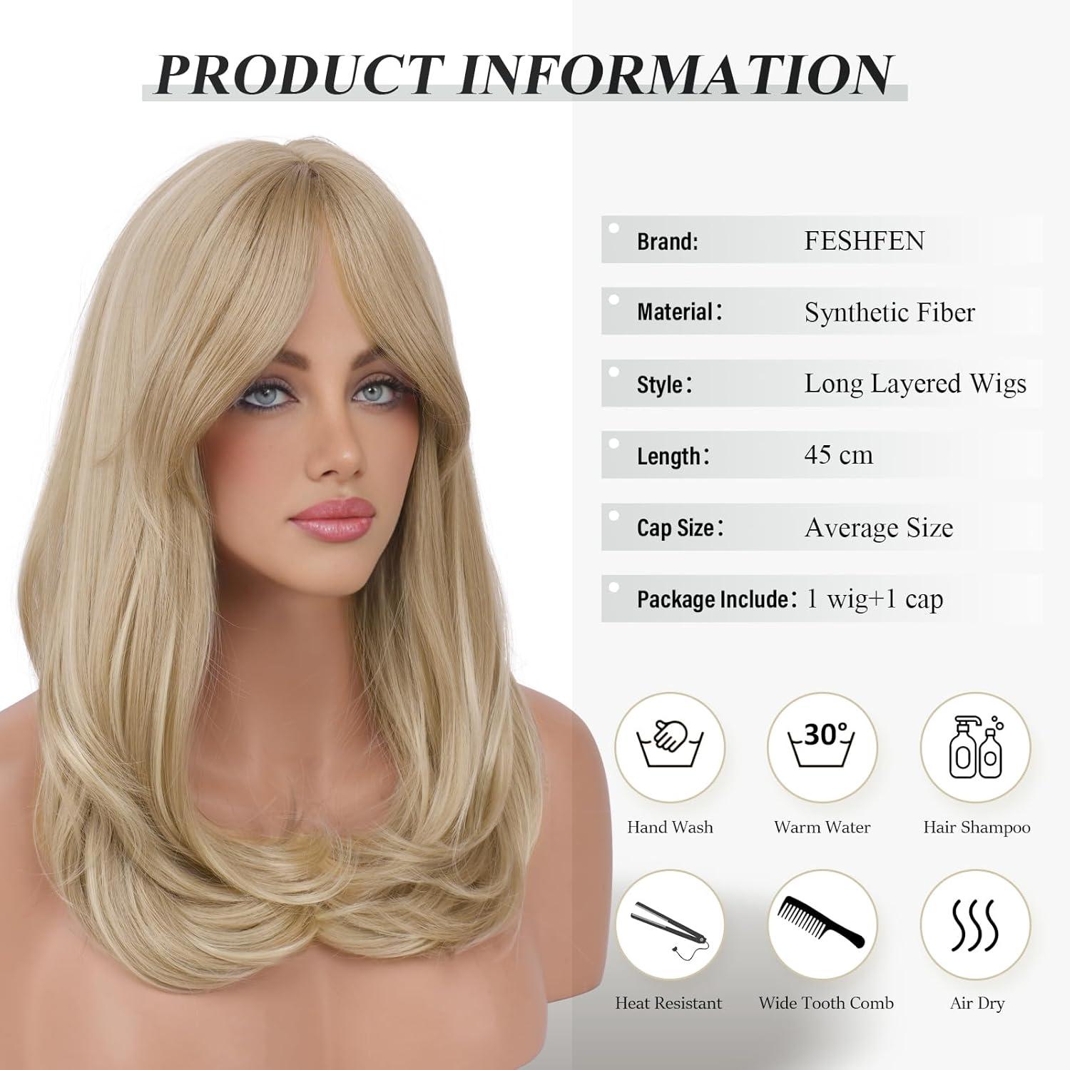 imageFESHFEN Lace Front Hairline Wigs with Bangs Synthetic Natural Looking Long Layered Straight Hair Wig for Women Daily Party Costume 18 inch Ombre Mixed BlondeDirty Blonde