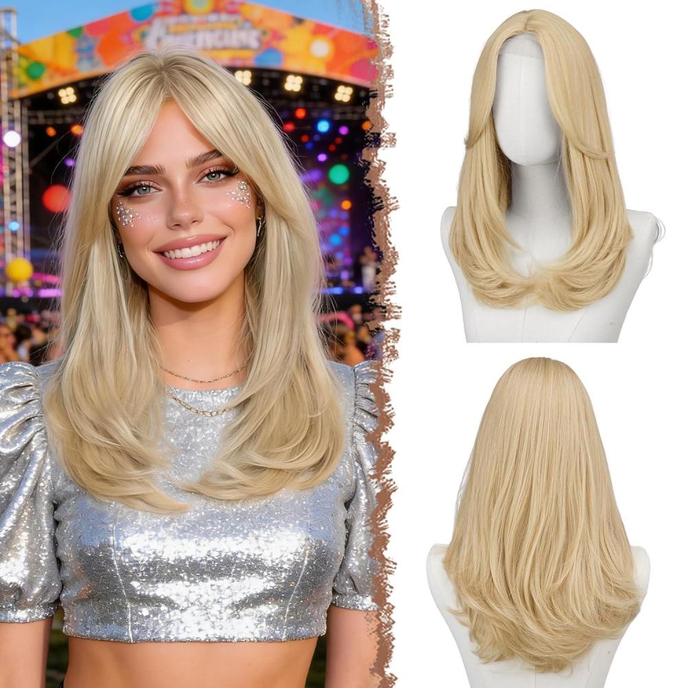 imageFESHFEN Lace Front Hairline Wigs with Bangs Synthetic Natural Looking Long Layered Straight Hair Wig for Women Daily Party Costume 18 inch Ombre Mixed BlondeLight Blondewith Lace Hairline