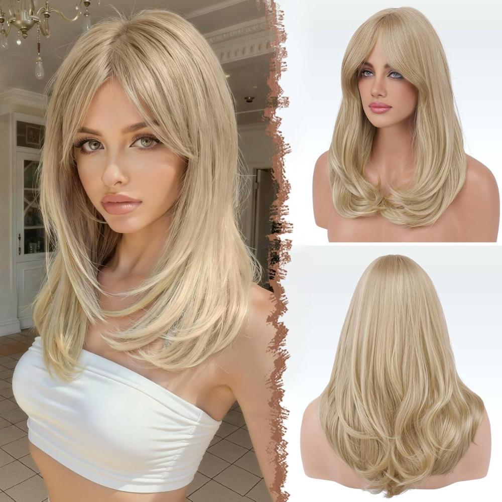 imageFESHFEN Lace Front Hairline Wigs with Bangs Synthetic Natural Looking Long Layered Straight Hair Wig for Women Daily Party Costume 18 inch Ombre Mixed BlondeDirty Blonde