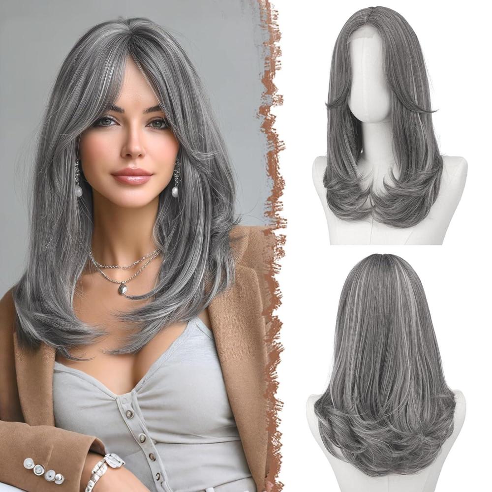 imageFESHFEN Lace Front Hairline Wigs with Bangs Synthetic Natural Looking Long Layered Straight Hair Wig for Women Daily Party Costume 18 inch Ombre Mixed BlondeMix Greywith Lace Hairline