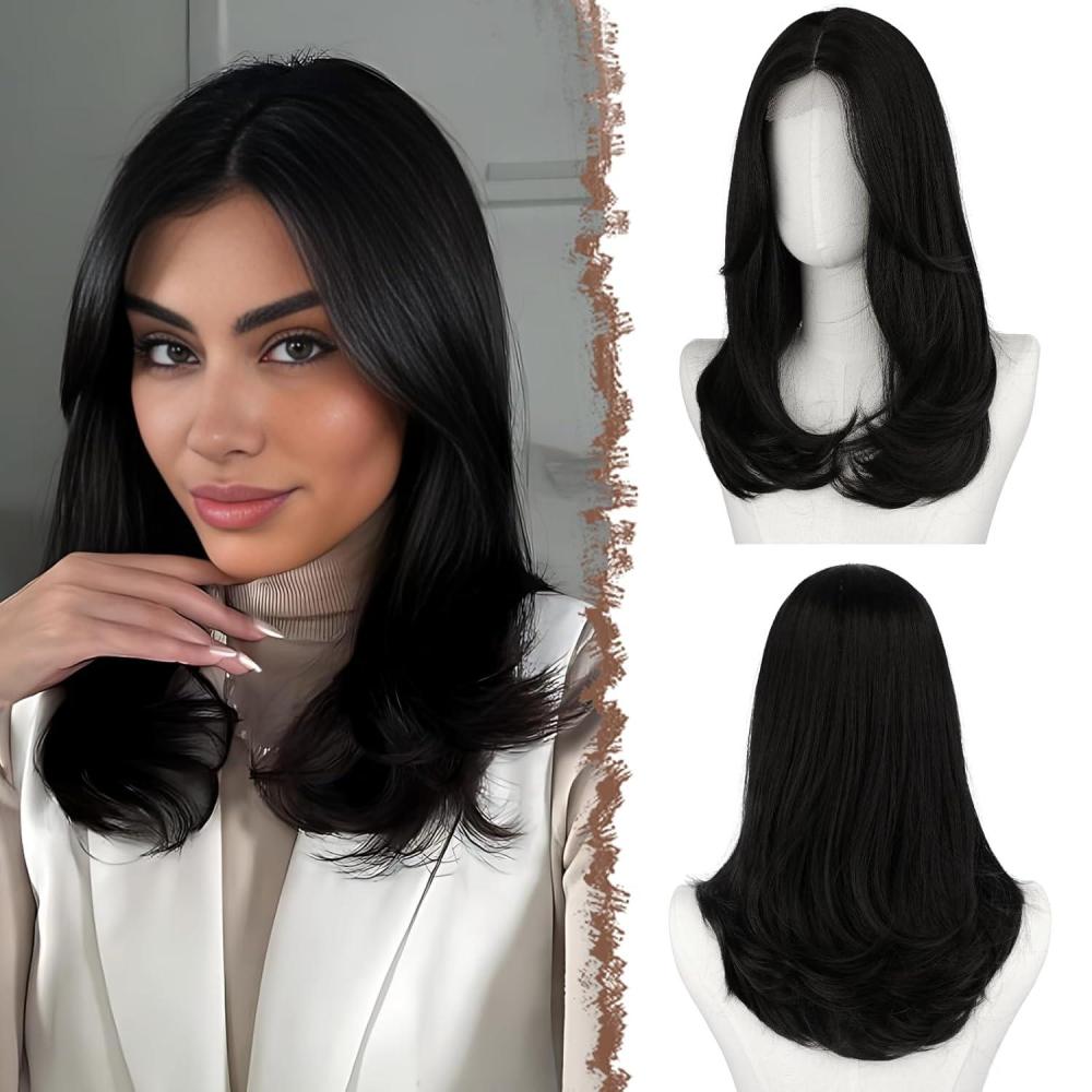 imageFESHFEN Lace Front Hairline Wigs with Bangs Synthetic Natural Looking Long Layered Straight Hair Wig for Women Daily Party Costume 18 inch Ombre Mixed BlondeNatural Blackwith Lace Hairline