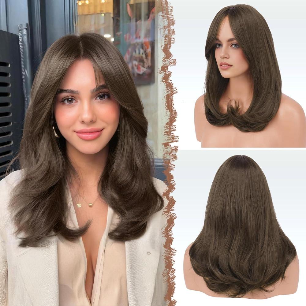 imageFESHFEN Lace Front Hairline Wigs with Bangs Synthetic Natural Looking Long Layered Straight Hair Wig for Women Daily Party Costume 18 inch Ombre Mixed BlondeMedium Brown