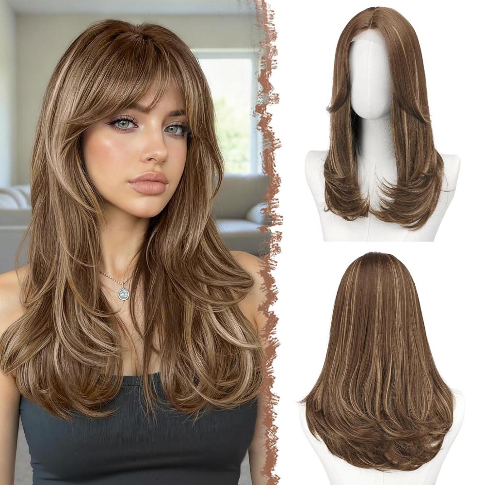 imageFESHFEN Lace Front Hairline Wigs with Bangs Synthetic Natural Looking Long Layered Straight Hair Wig for Women Daily Party Costume 18 inch Ombre Mixed BlondeBrown Mixed Blondewith Lace Hairline