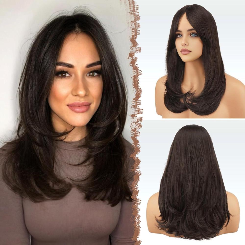 imageFESHFEN Lace Front Hairline Wigs with Bangs Synthetic Natural Looking Long Layered Straight Hair Wig for Women Daily Party Costume 18 inch Ombre Mixed BlondeBrown