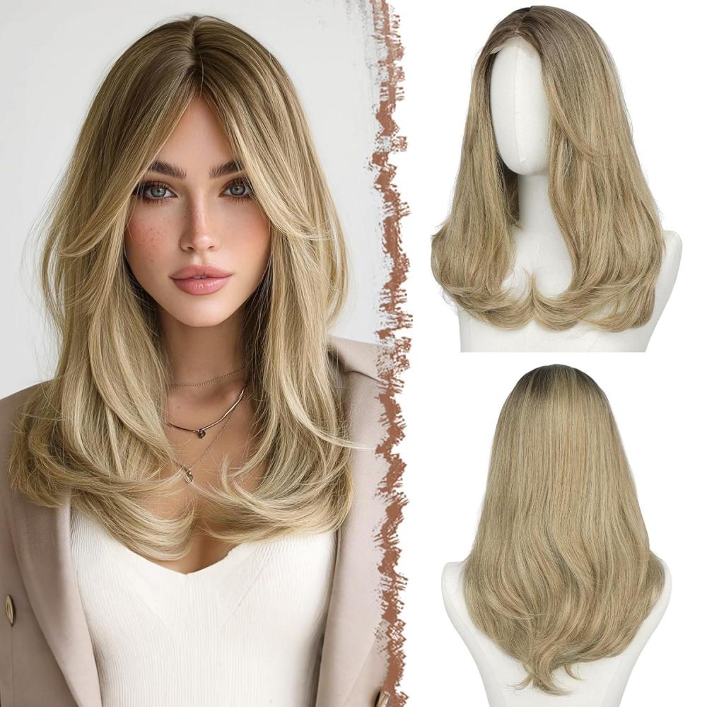 imageFESHFEN Lace Front Hairline Wigs with Bangs Synthetic Natural Looking Long Layered Straight Hair Wig for Women Daily Party Costume 18 inch Ombre Mixed BlondeOmbre Mixed Blondewith Lace Hairline