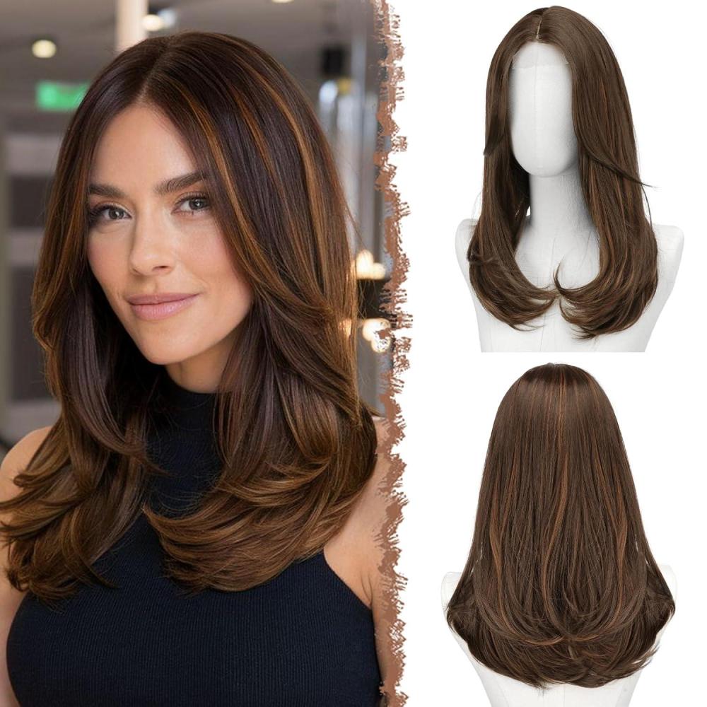 imageFESHFEN Lace Front Hairline Wigs with Bangs Synthetic Natural Looking Long Layered Straight Hair Wig for Women Daily Party Costume 18 inch Ombre Mixed BlondeBrown Mixed Auburnwith Lace Hairline