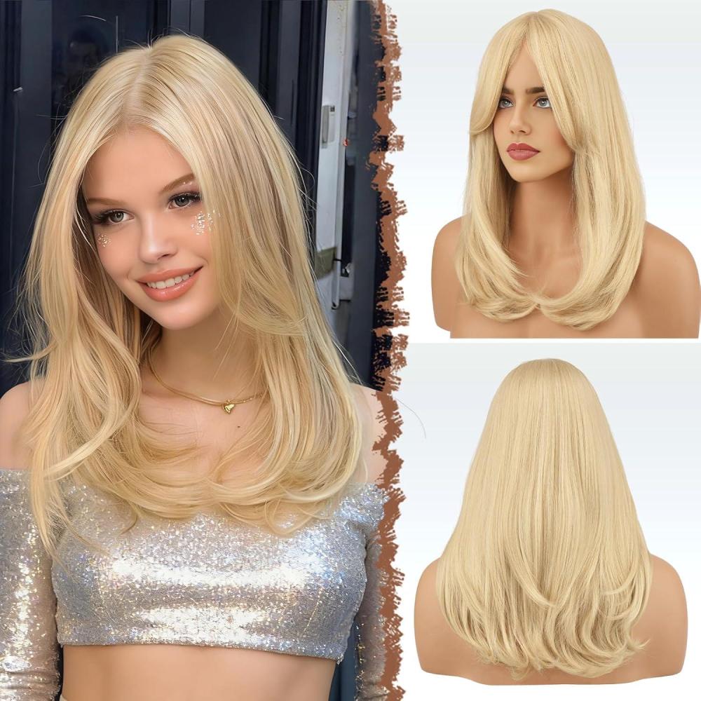 imageFESHFEN Lace Front Hairline Wigs with Bangs Synthetic Natural Looking Long Layered Straight Hair Wig for Women Daily Party Costume 18 inch Ombre Mixed BlondeLight Blonde
