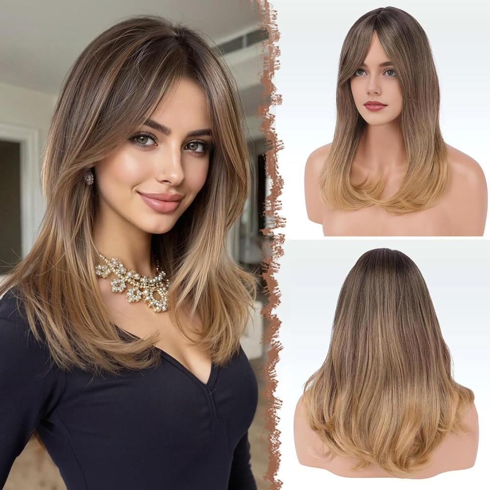 imageFESHFEN Lace Front Hairline Wigs with Bangs Synthetic Natural Looking Long Layered Straight Hair Wig for Women Daily Party Costume 18 inch Ombre Mixed BlondeBrown Ombre Blonde