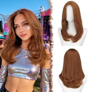 FESHFEN Lace Front Hairline Wigs with Bangs, Synthetic Natural Looking Long Layered Straight Hair Wig for Women Daily Party Costume, 18 inch Ombre Mixed Blonde(Auburn-with Lace Hairline)