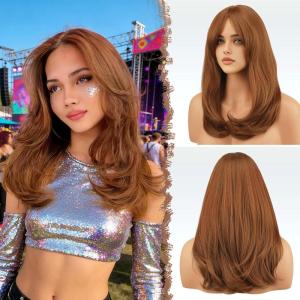 FESHFEN Lace Front Hairline Wigs with Bangs, Synthetic Natural Looking Long Layered Straight Hair Wig for Women Daily Party Costume, 18 inch Ombre Mixed Blonde(Auburn)