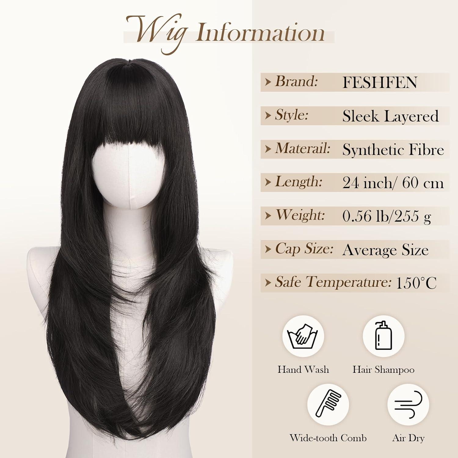 imageFESHFEN Straight Sleek Layered Wigs with Bangs for Women Natural Synthetic Long Hair Wig for Daily Party Use 24 inchBlack Brown