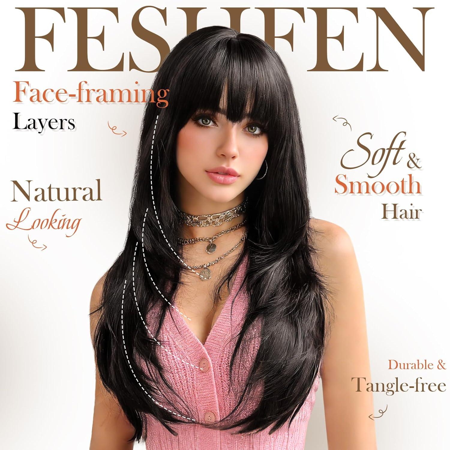 imageFESHFEN Straight Sleek Layered Wigs with Bangs for Women Natural Synthetic Long Hair Wig for Daily Party Use 24 inchBlack Brown