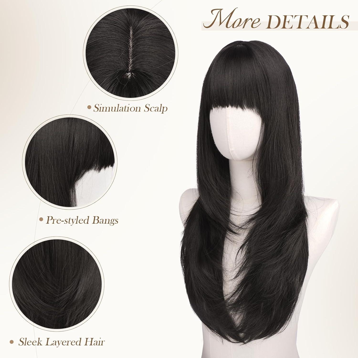imageFESHFEN Straight Sleek Layered Wigs with Bangs for Women Natural Synthetic Long Hair Wig for Daily Party Use 24 inchBlack Brown