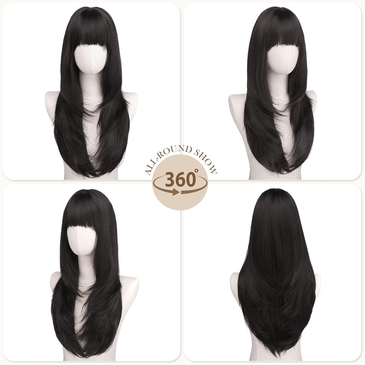imageFESHFEN Straight Sleek Layered Wigs with Bangs for Women Natural Synthetic Long Hair Wig for Daily Party Use 24 inchBlack Brown