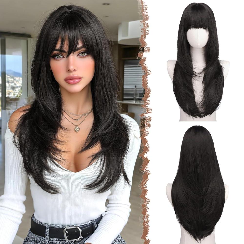 imageFESHFEN Straight Sleek Layered Wigs with Bangs for Women  Natural Synthetic Long Hair Wig for Daily Party Use 24 inchBlack Brown