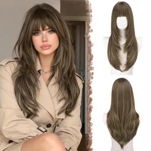 FESHFEN Straight Sleek Layered Wigs with Bangs for Women – Natural Synthetic Long Hair Wig for Daily Party Use 24 inch(Brown Mix Blonde)