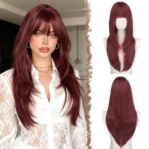FESHFEN Straight Sleek Layered Wigs with Bangs for Women – Natural Synthetic Long Hair Wig for Daily Party Use 24 inch(Burgundy)