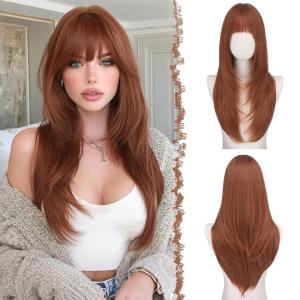 FESHFEN Straight Sleek Layered Wigs with Bangs for Women – Natural Synthetic Long Hair Wig for Daily Party Use 24 inch(Copper Red)