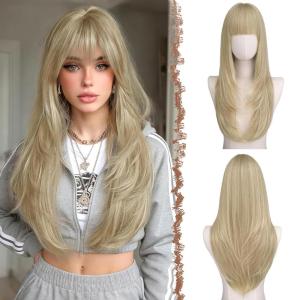 FESHFEN Straight Sleek Layered Wigs with Bangs for Women – Natural Synthetic Long Hair Wig for Daily Party Use 24 inch(Dirty Blonde)