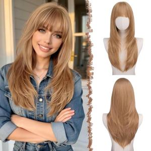 FESHFEN Straight Sleek Layered Wigs with Bangs for Women – Natural Synthetic Long Hair Wig for Daily Party Use 24 inch(Ginger)