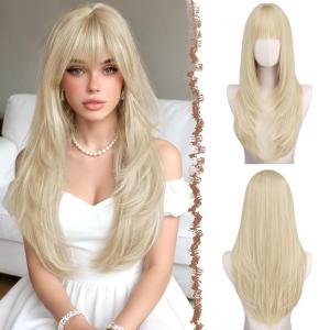 FESHFEN Straight Sleek Layered Wigs with Bangs for Women – Natural Synthetic Long Hair Wig for Daily Party Use 24 inch(Light Blonde)