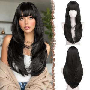 FESHFEN Straight Sleek Layered Wigs with Bangs for Women – Natural Synthetic Long Hair Wig for Daily Party Use 24 inch(Natural Black)
