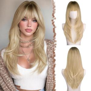 FESHFEN Straight Sleek Layered Wigs with Bangs for Women – Natural Synthetic Long Hair Wig for Daily Party Use 24 inch(Ombre Blonde)