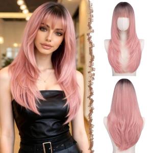 FESHFEN Straight Sleek Layered Wigs with Bangs for Women – Natural Synthetic Long Hair Wig for Daily Party Use 24 inch(Ombre Pink)