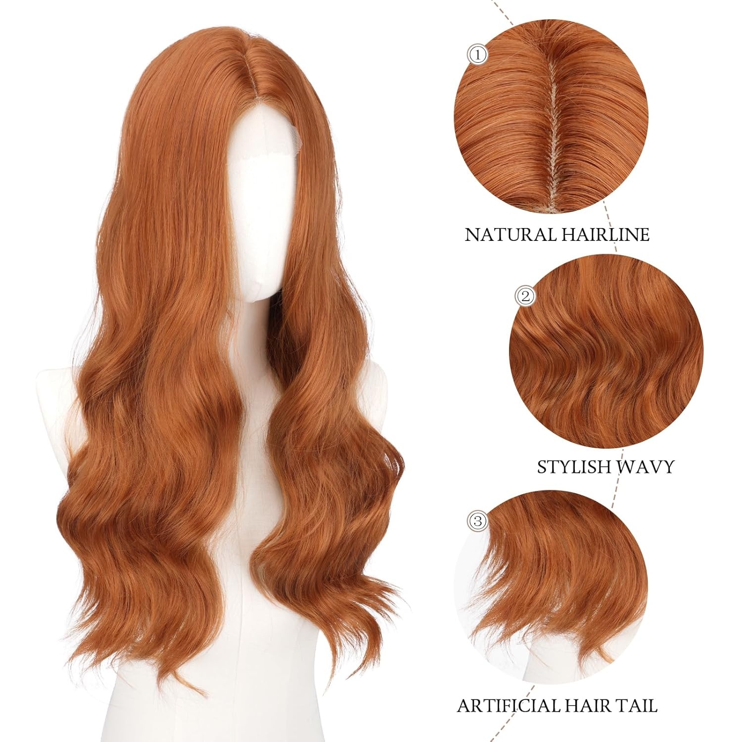 imageFESHFEN Long Wigs for Women 24 inch Ombre Pink Lace Front Hairline Middle Parting Synthetic Wavy Wig for Daily PartyAuburn Red