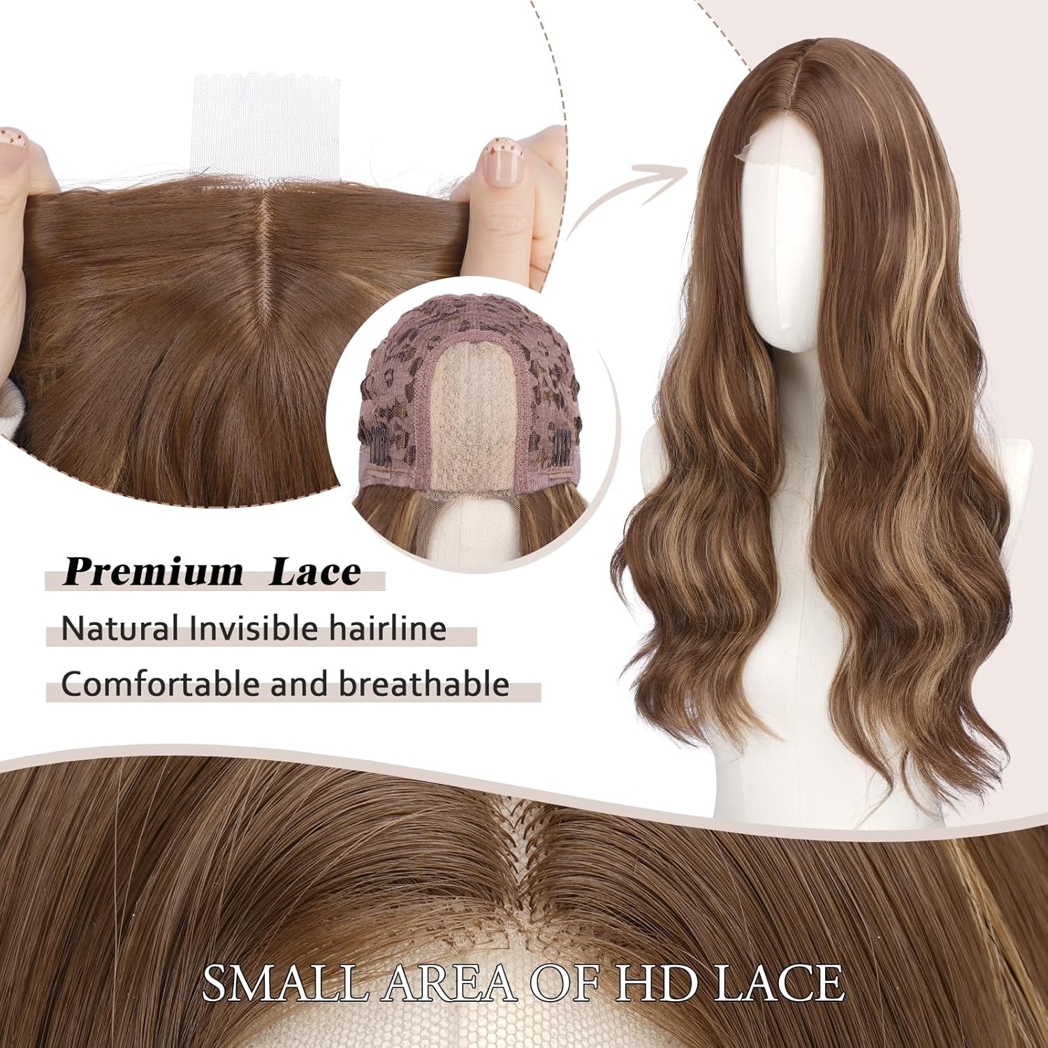 imageFESHFEN Long Wigs for Women 24 inch Ombre Pink Lace Front Hairline Middle Parting Synthetic Wavy Wig for Daily PartyHoney Blonde Mixed Light Brown