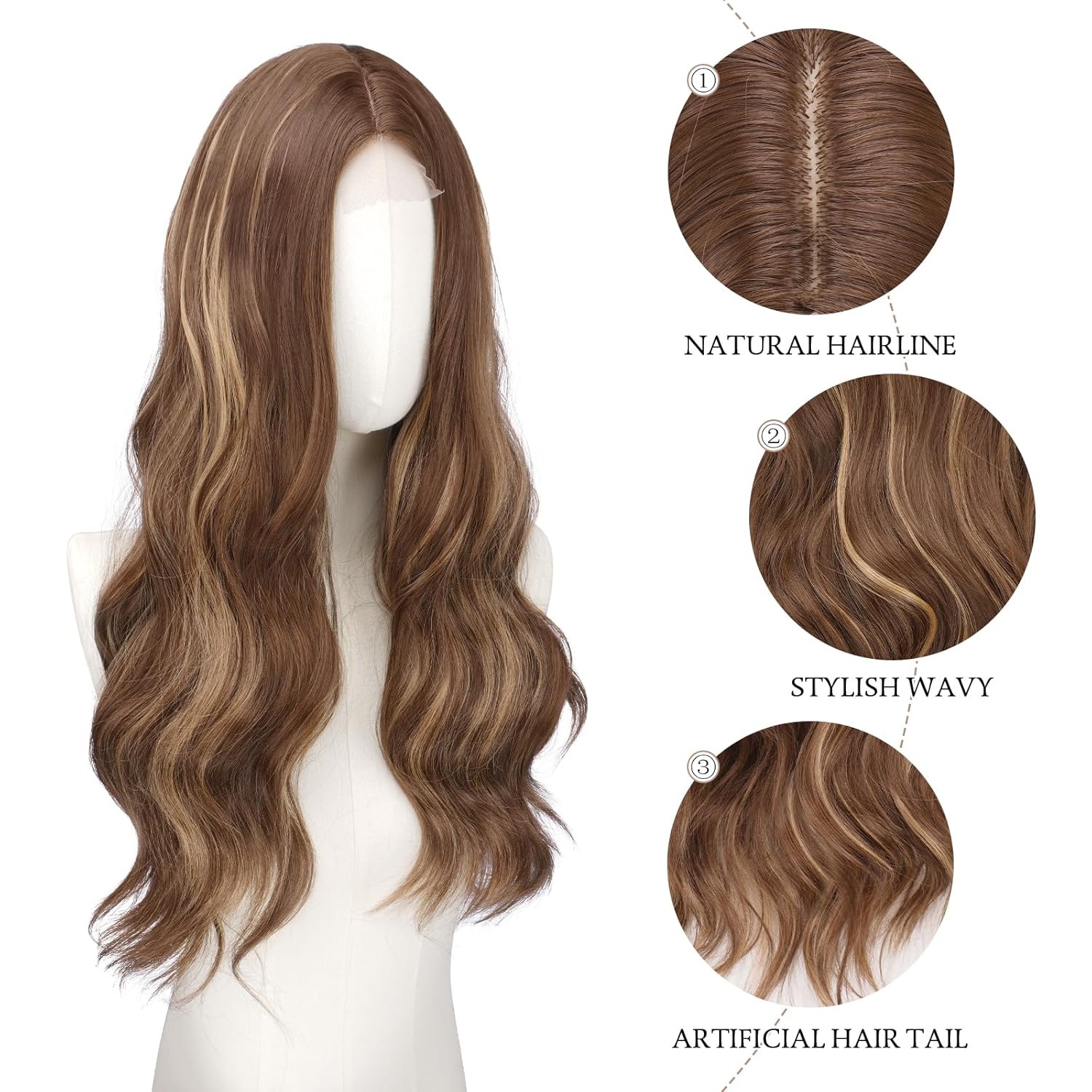 imageFESHFEN Long Wigs for Women 24 inch Ombre Pink Lace Front Hairline Middle Parting Synthetic Wavy Wig for Daily PartyHoney Blonde Mixed Light Brown