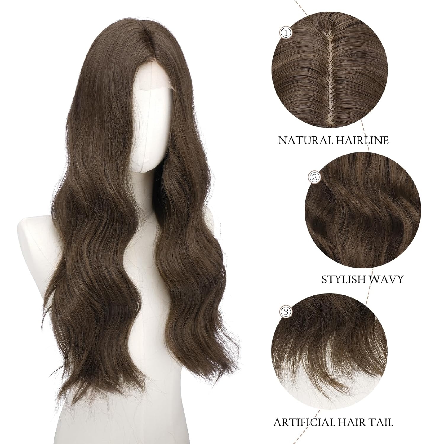 imageFESHFEN Long Wigs for Women 24 inch Ombre Pink Lace Front Hairline Middle Parting Synthetic Wavy Wig for Daily PartyMedium Brown