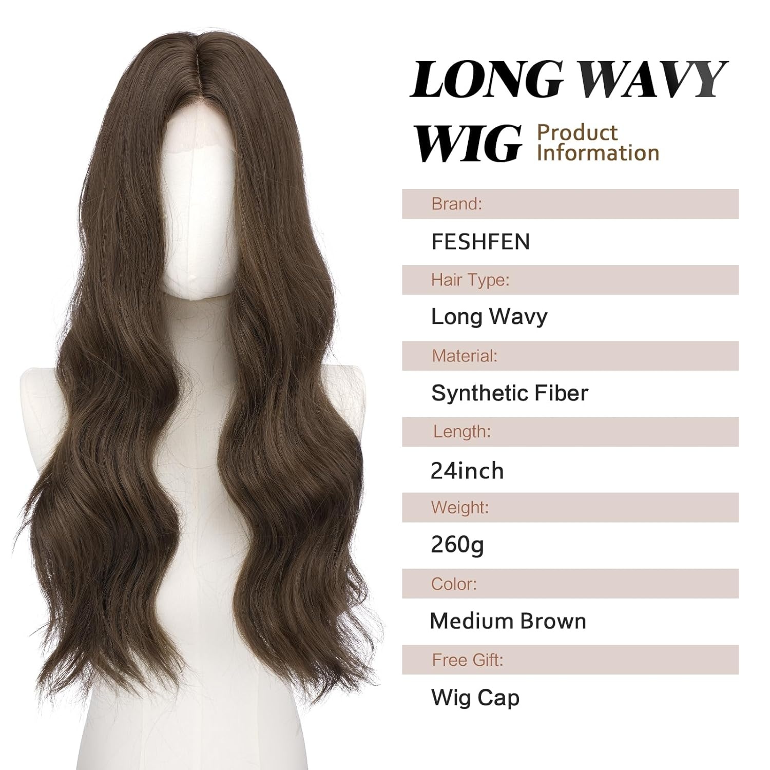 imageFESHFEN Long Wigs for Women 24 inch Ombre Pink Lace Front Hairline Middle Parting Synthetic Wavy Wig for Daily PartyMedium Brown