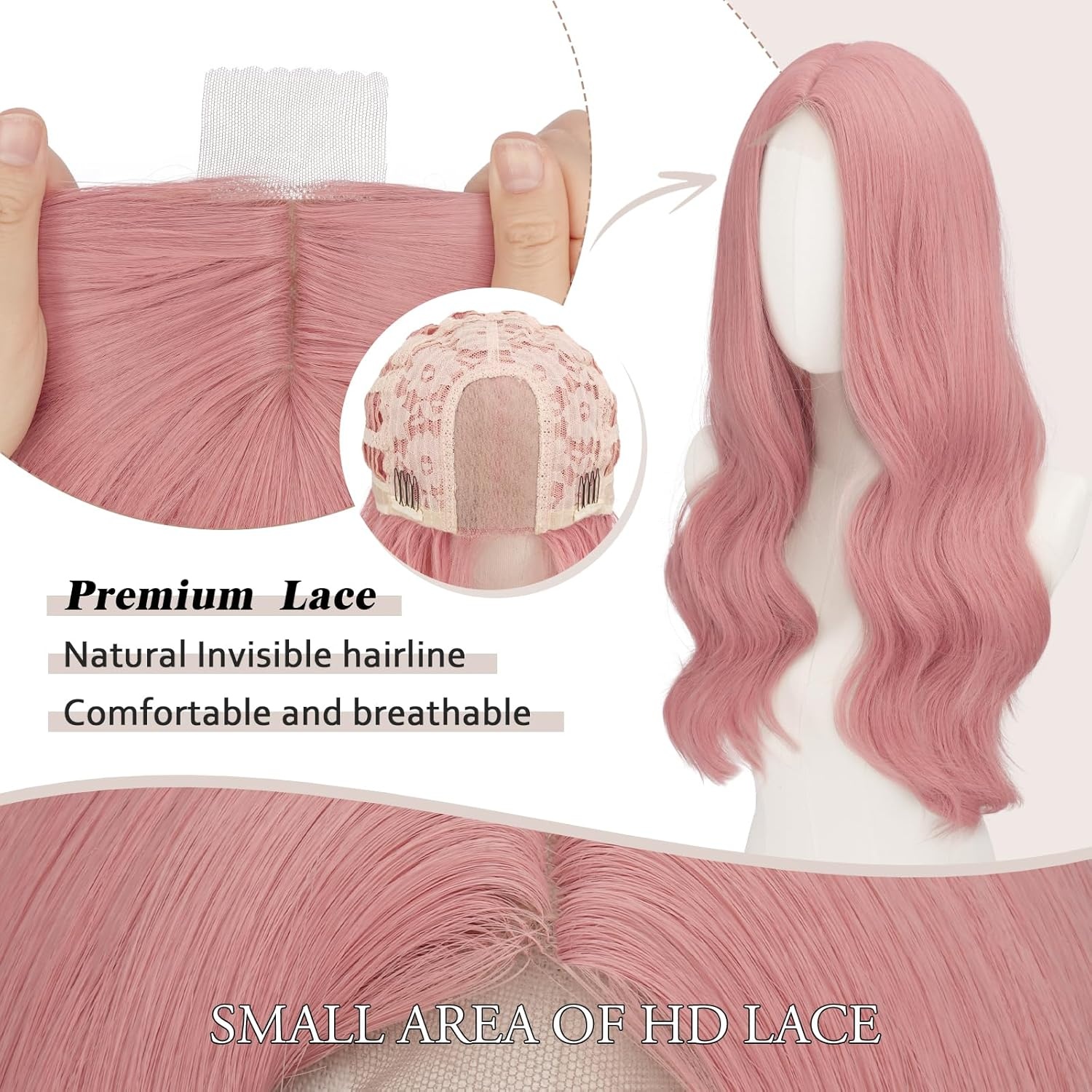 imageFESHFEN Long Wigs for Women 24 inch Ombre Pink Lace Front Hairline Middle Parting Synthetic Wavy Wig for Daily PartyPink