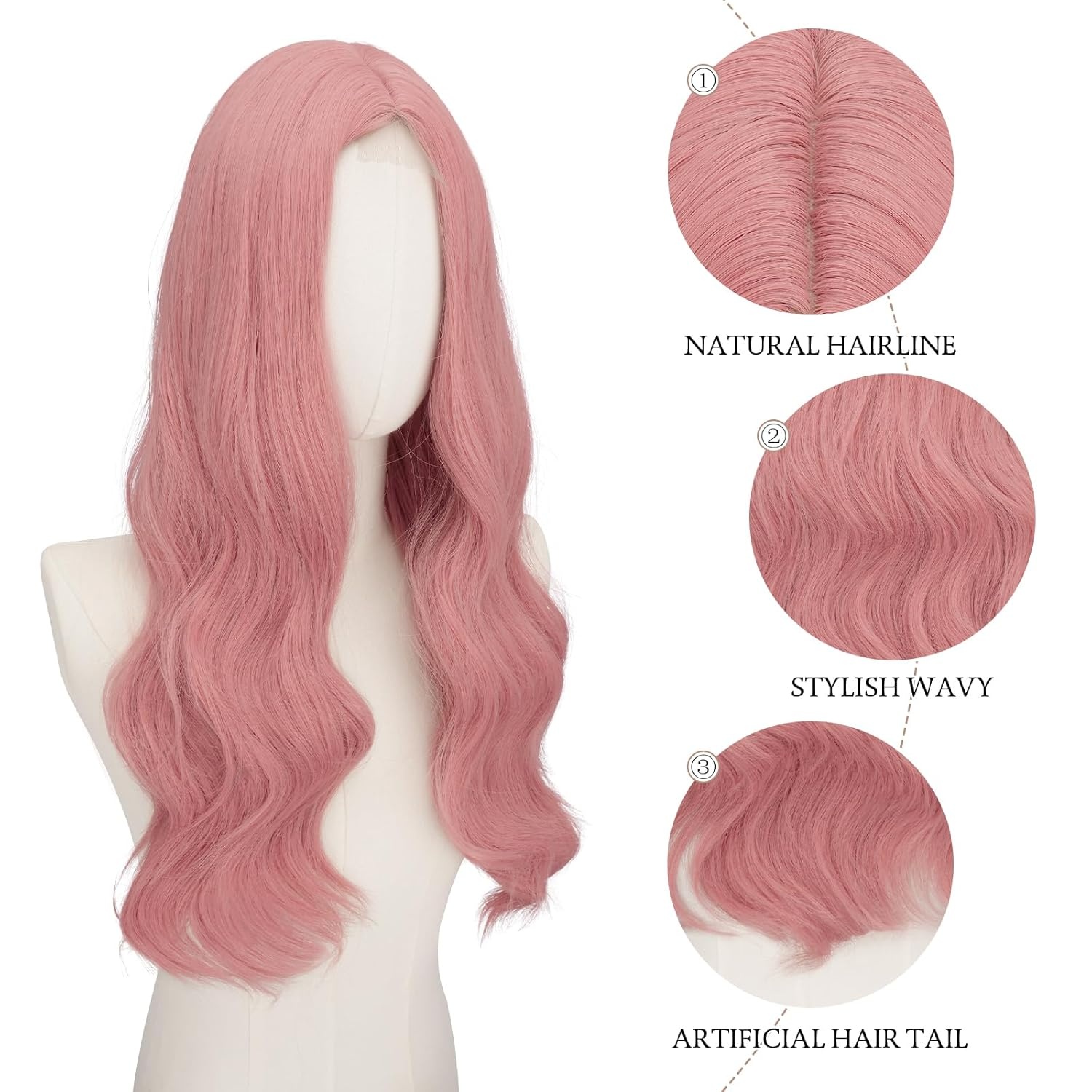 imageFESHFEN Long Wigs for Women 24 inch Ombre Pink Lace Front Hairline Middle Parting Synthetic Wavy Wig for Daily PartyPink