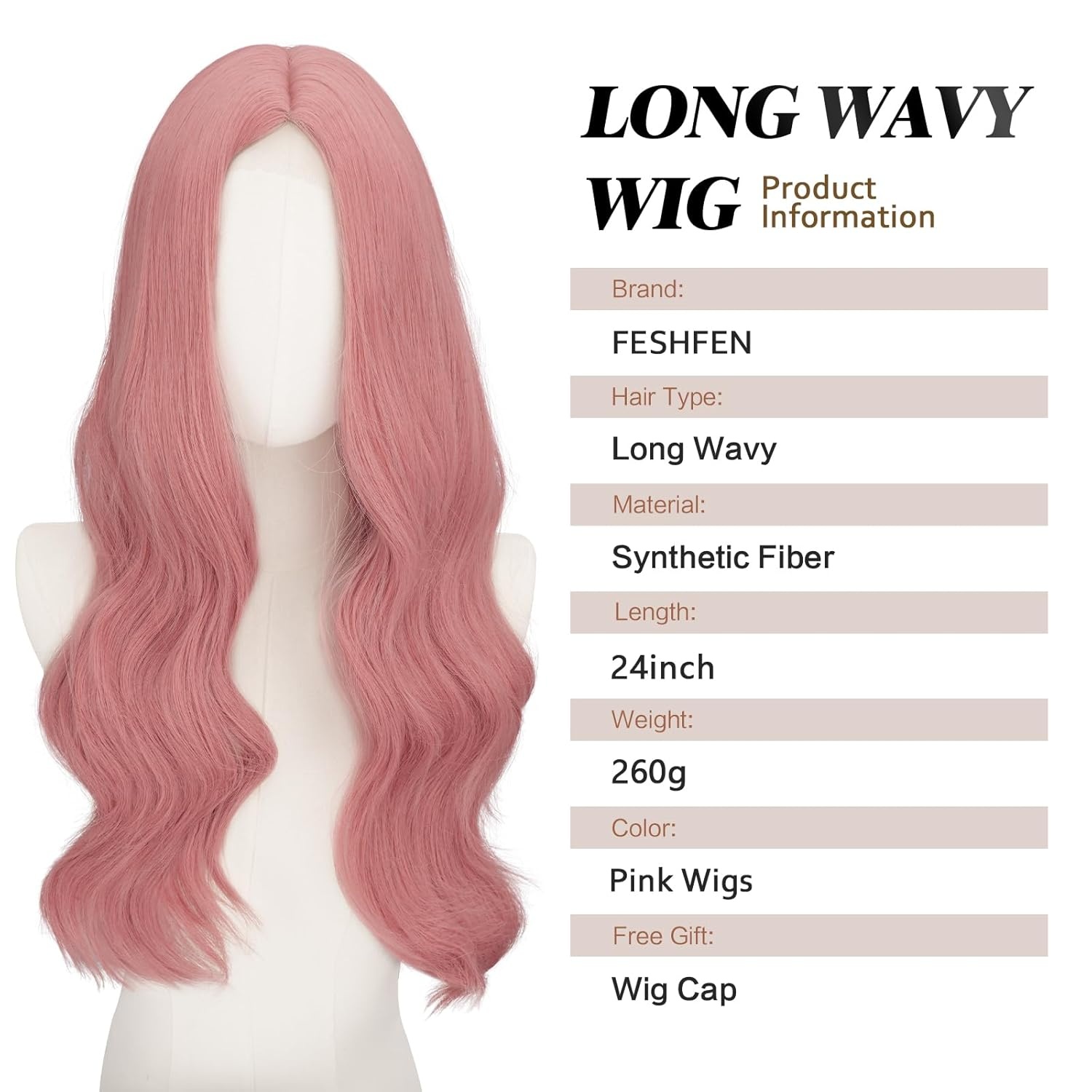imageFESHFEN Long Wigs for Women 24 inch Ombre Pink Lace Front Hairline Middle Parting Synthetic Wavy Wig for Daily PartyPink