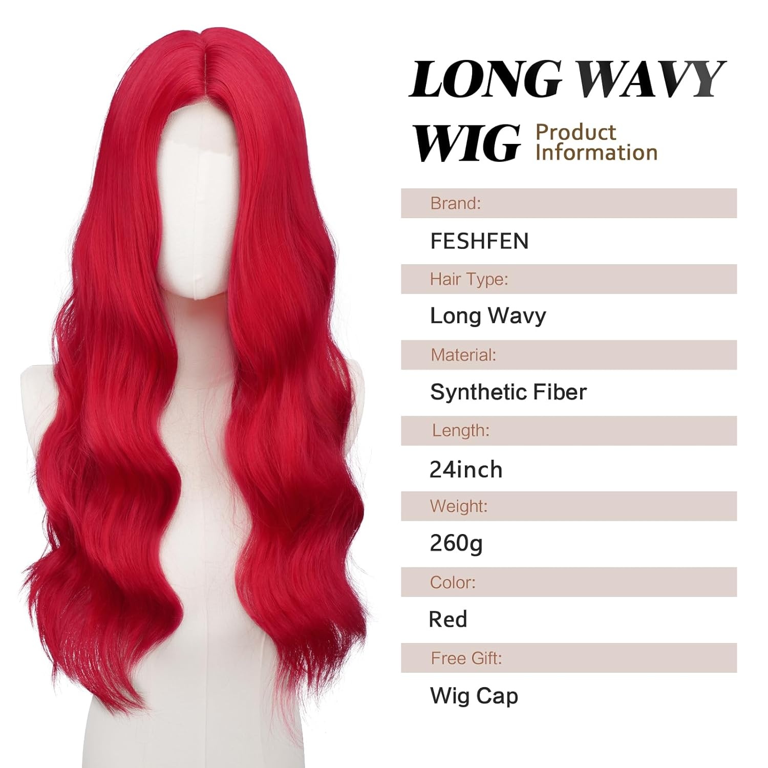 imageFESHFEN Long Wigs for Women 24 inch Ombre Pink Lace Front Hairline Middle Parting Synthetic Wavy Wig for Daily PartyRed