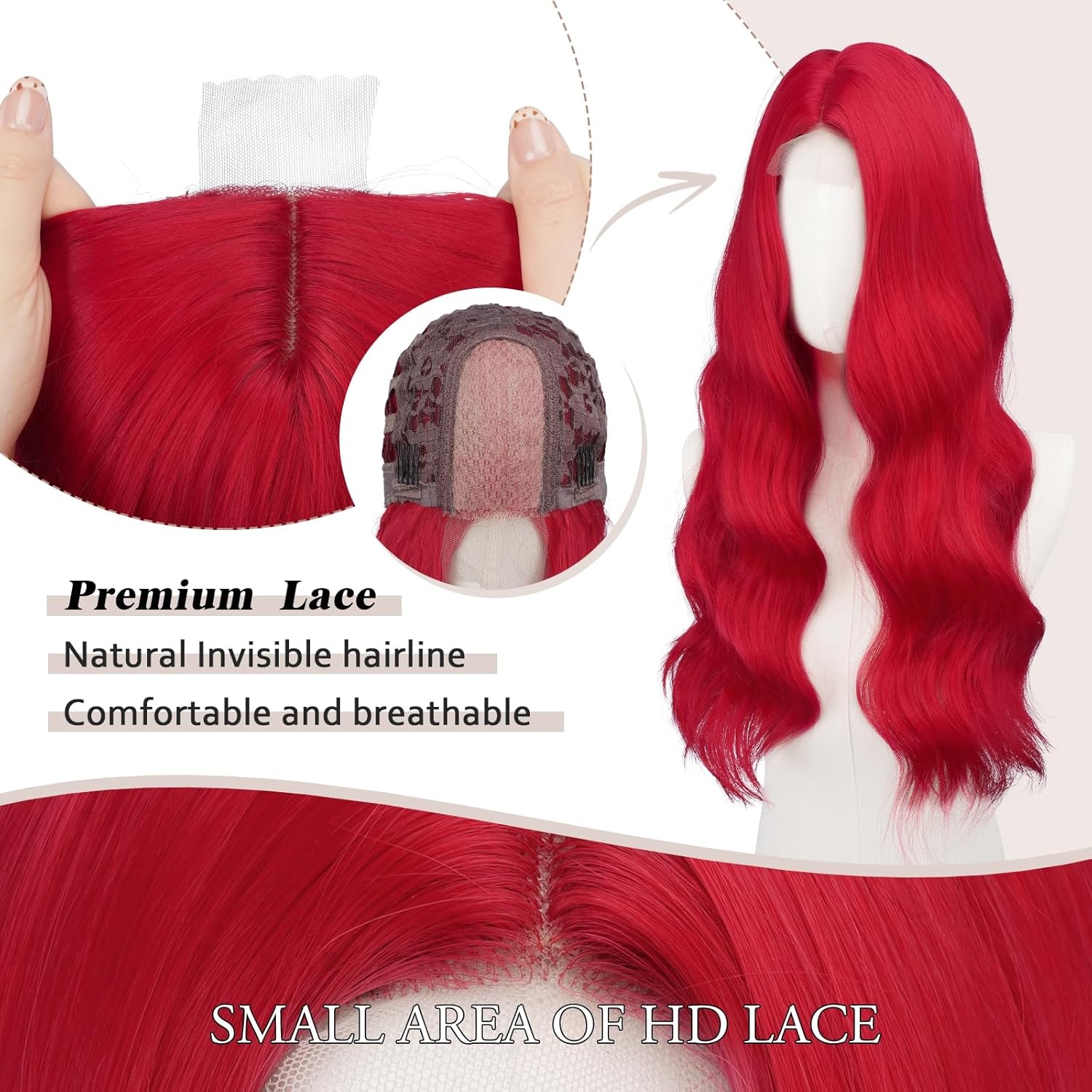 imageFESHFEN Long Wigs for Women 24 inch Ombre Pink Lace Front Hairline Middle Parting Synthetic Wavy Wig for Daily PartyRed