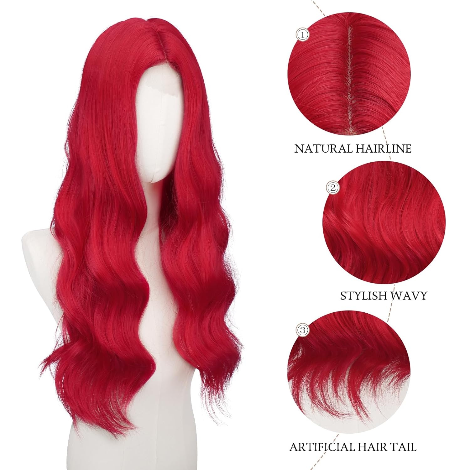 imageFESHFEN Long Wigs for Women 24 inch Ombre Pink Lace Front Hairline Middle Parting Synthetic Wavy Wig for Daily PartyRed