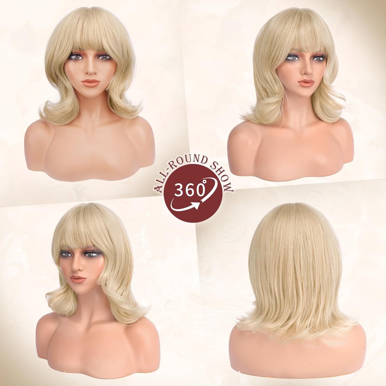 imageFESHFEN Shoulder Length Bob Wigs with Bangs for Women Auburn Natural Layered Wavy Synthetic Wig For Daily Party Costume Use 14 InchBleach Blonde